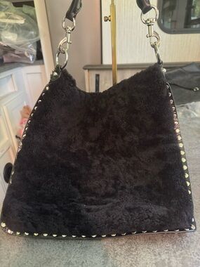 Rebecca Minkoff Black  Shearling Stud-Trim Hobo Bag